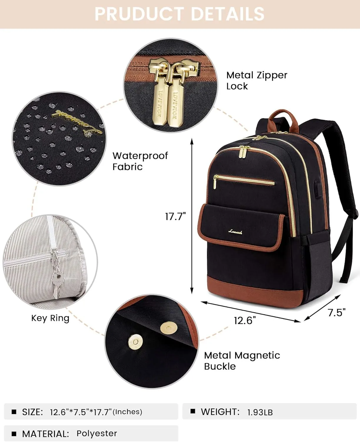 LOVEVOOK Laptop Backpack for Women,15.6 Inch Fashion Travel Backpack,Large Capacity Backpack Purse with USB,Water-resistant fits College Work Business Travel （Black & Brown）