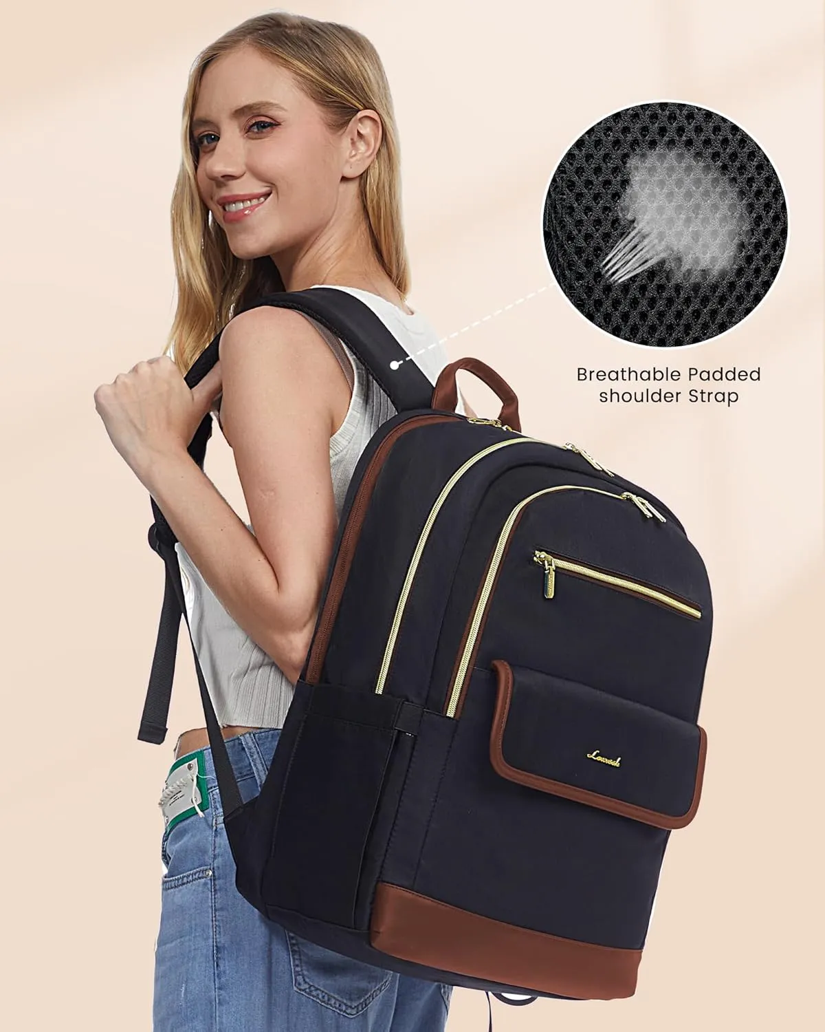 LOVEVOOK Laptop Backpack for Women,15.6 Inch Fashion Travel Backpack,Large Capacity Backpack Purse with USB,Water-resistant fits College Work Business Travel （Black & Brown）