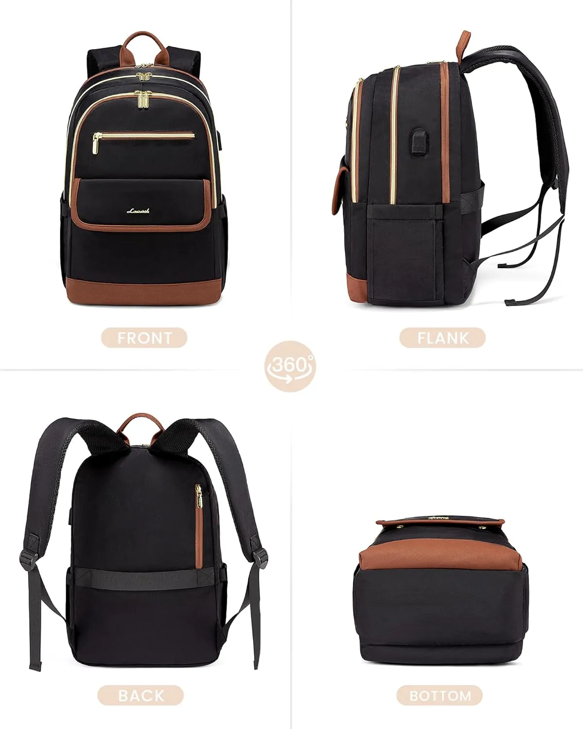 LOVEVOOK Laptop Backpack for Women,15.6 Inch Fashion Travel Backpack,Large Capacity Backpack Purse with USB,Water-resistant fits College Work Business Travel （Black & Brown）
