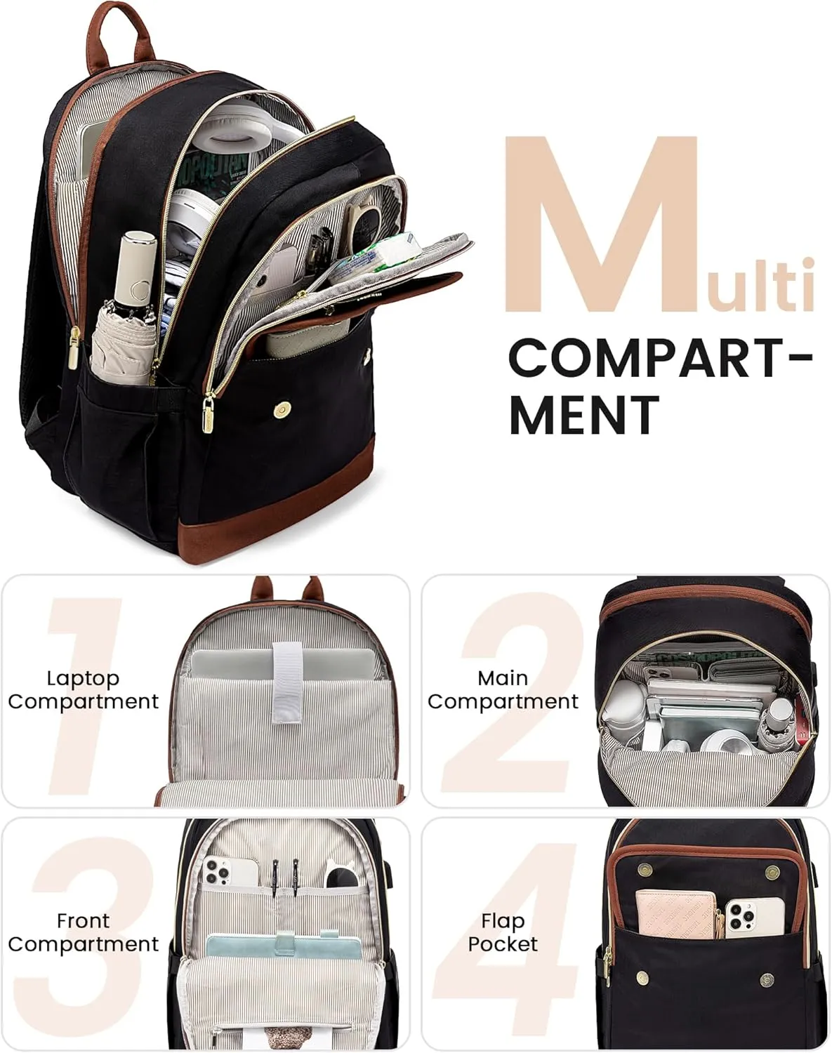 LOVEVOOK Laptop Backpack for Women,15.6 Inch Fashion Travel Backpack,Large Capacity Backpack Purse with USB,Water-resistant fits College Work Business Travel （Black & Brown）