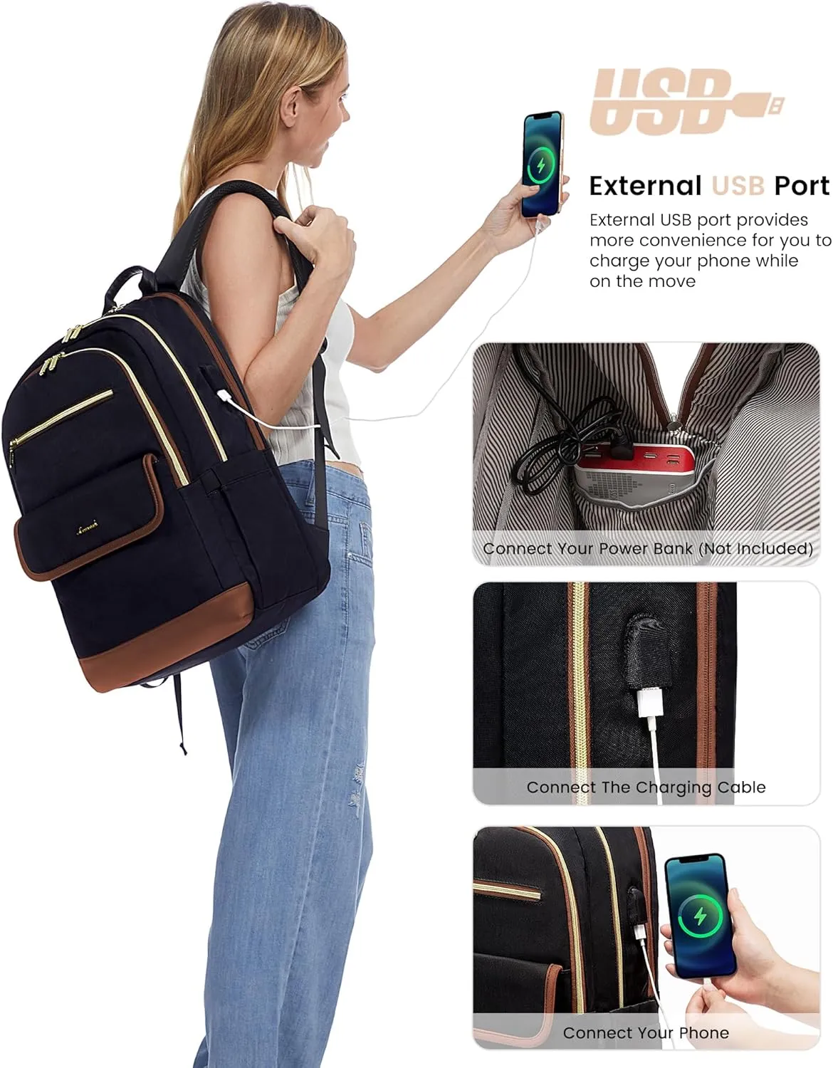 LOVEVOOK Laptop Backpack for Women,15.6 Inch Fashion Travel Backpack,Large Capacity Backpack Purse with USB,Water-resistant fits College Work Business Travel （Black & Brown）