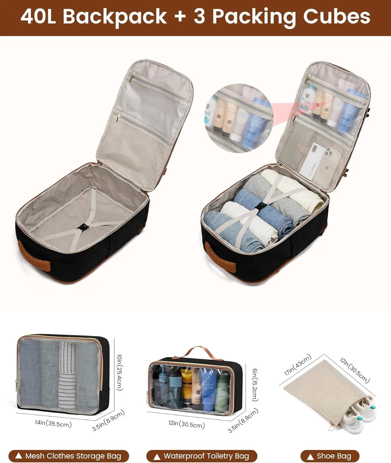 LOVEVOOK Large Travel Backpack for Women, Carry On Bag Flight Approved, 40L TSA Personal Item Travel Bag with 3 Packing Cubes, Waterproof 17 Inch Laptop Hiking Casual Backpack