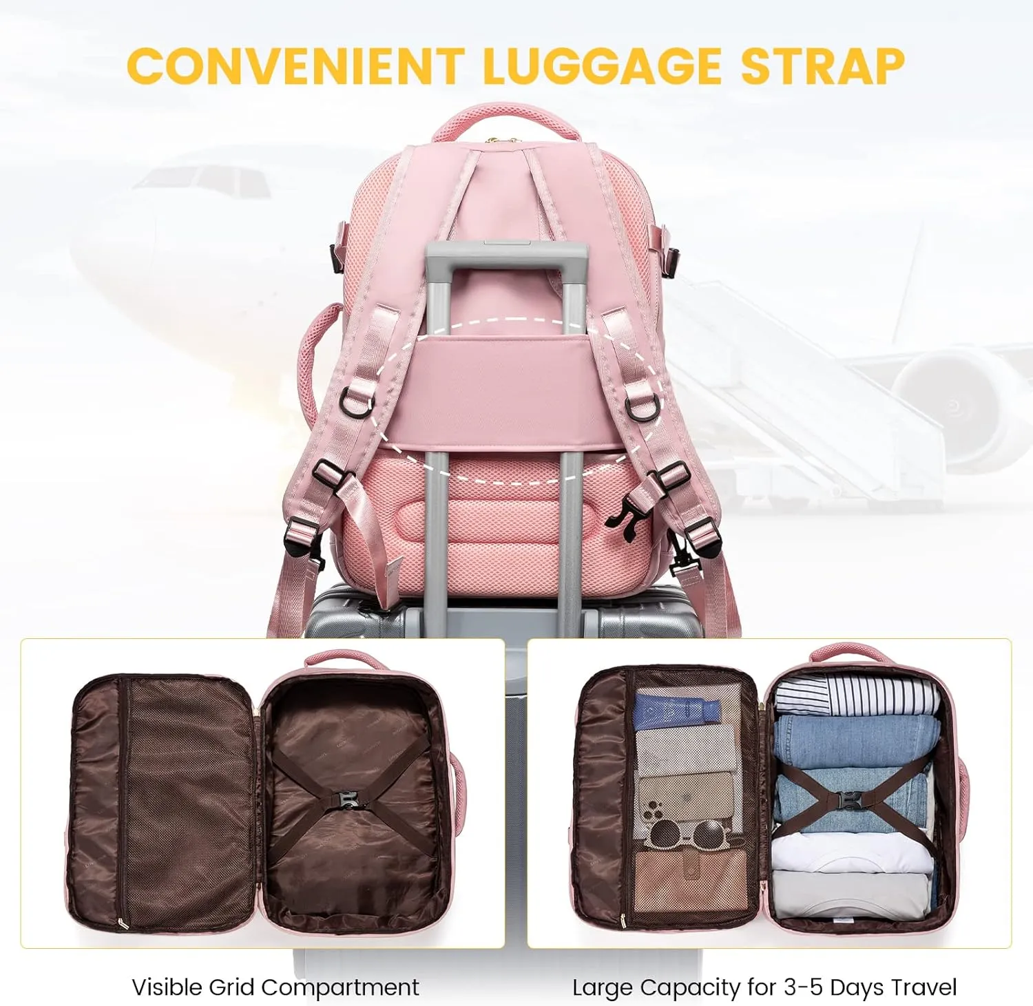 LOVEVOOK Large Travel Backpack Women,40L Flight Approved Carry On Backpack Fits for 17.3inch Laptop,Anti-Theft Large Casual Daypack with 3 Packing Cubes, Pink