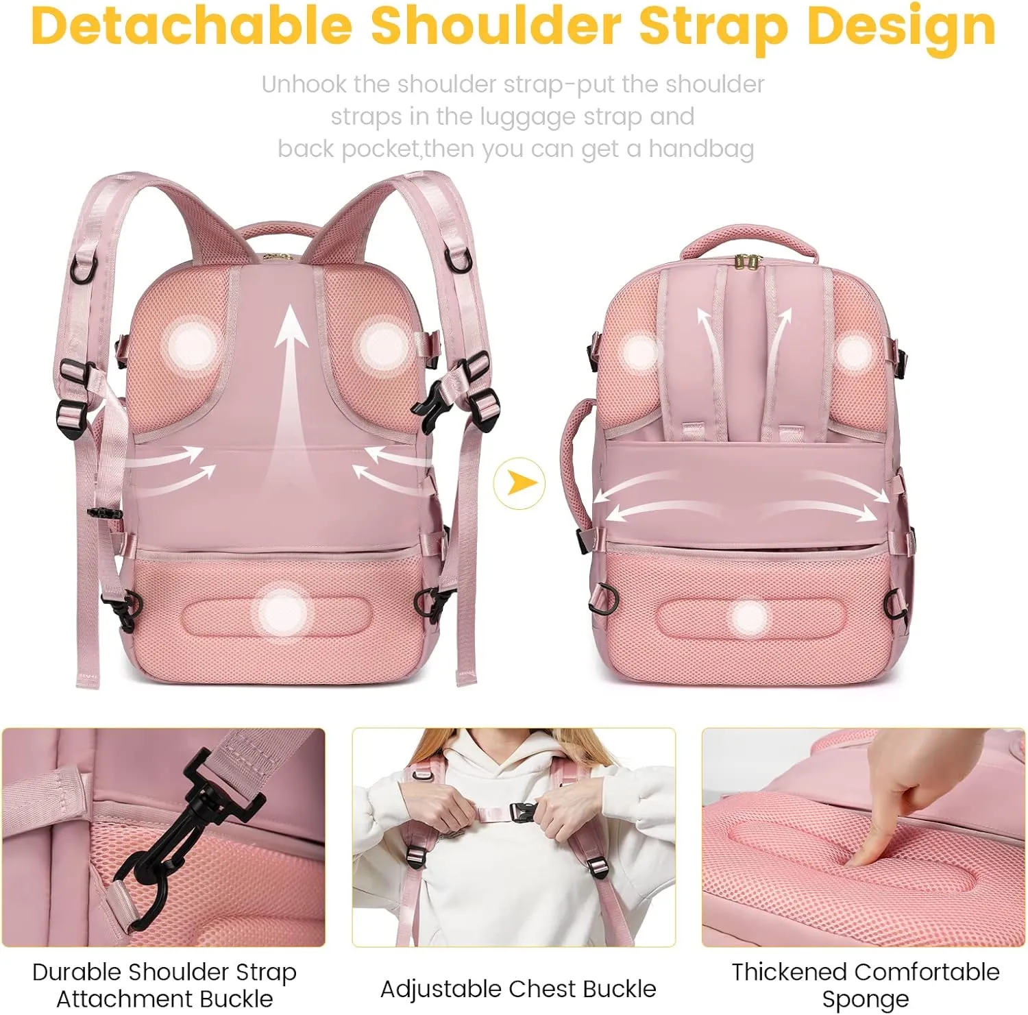 LOVEVOOK Large Travel Backpack Women,40L Flight Approved Carry On Backpack Fits for 17.3inch Laptop,Anti-Theft Large Casual Daypack with 3 Packing Cubes, Pink