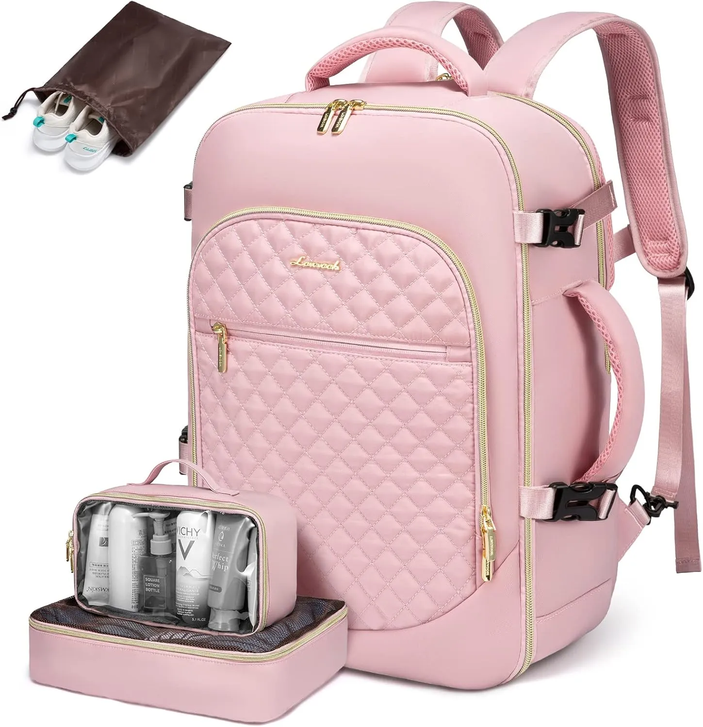 LOVEVOOK Large Travel Backpack Women,40L Flight Approved Carry On Backpack Fits for 17.3inch Laptop,Anti-Theft Large Casual Daypack with 3 Packing Cubes, Pink