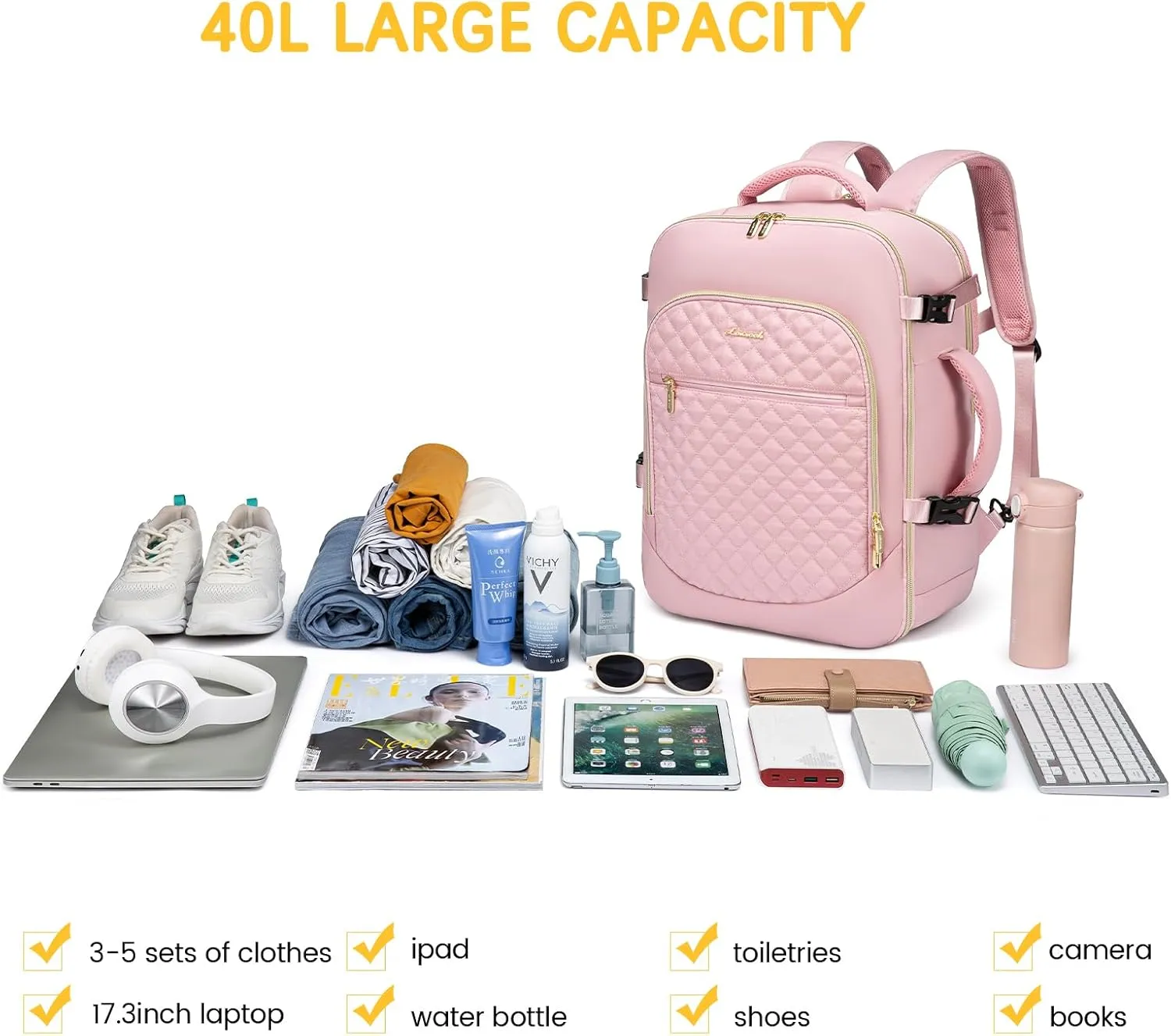 LOVEVOOK Large Travel Backpack Women,40L Flight Approved Carry On Backpack Fits for 17.3inch Laptop,Anti-Theft Large Casual Daypack with 3 Packing Cubes, Pink