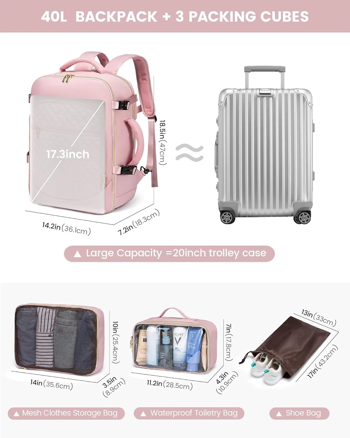 LOVEVOOK Large Travel Backpack Women,40L Flight Approved Carry On Backpack Fits for 17.3inch Laptop,Anti-Theft Large Casual Daypack with 3 Packing Cubes, Pink