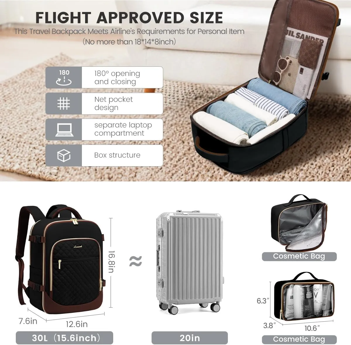 LOVEVOOK Travel Backpack for Women, 15.6in Laptop Backpack TSA Approved Carry on Luggage Personal Item Travel Bag for Business Weekender Hiking, Black-Brown