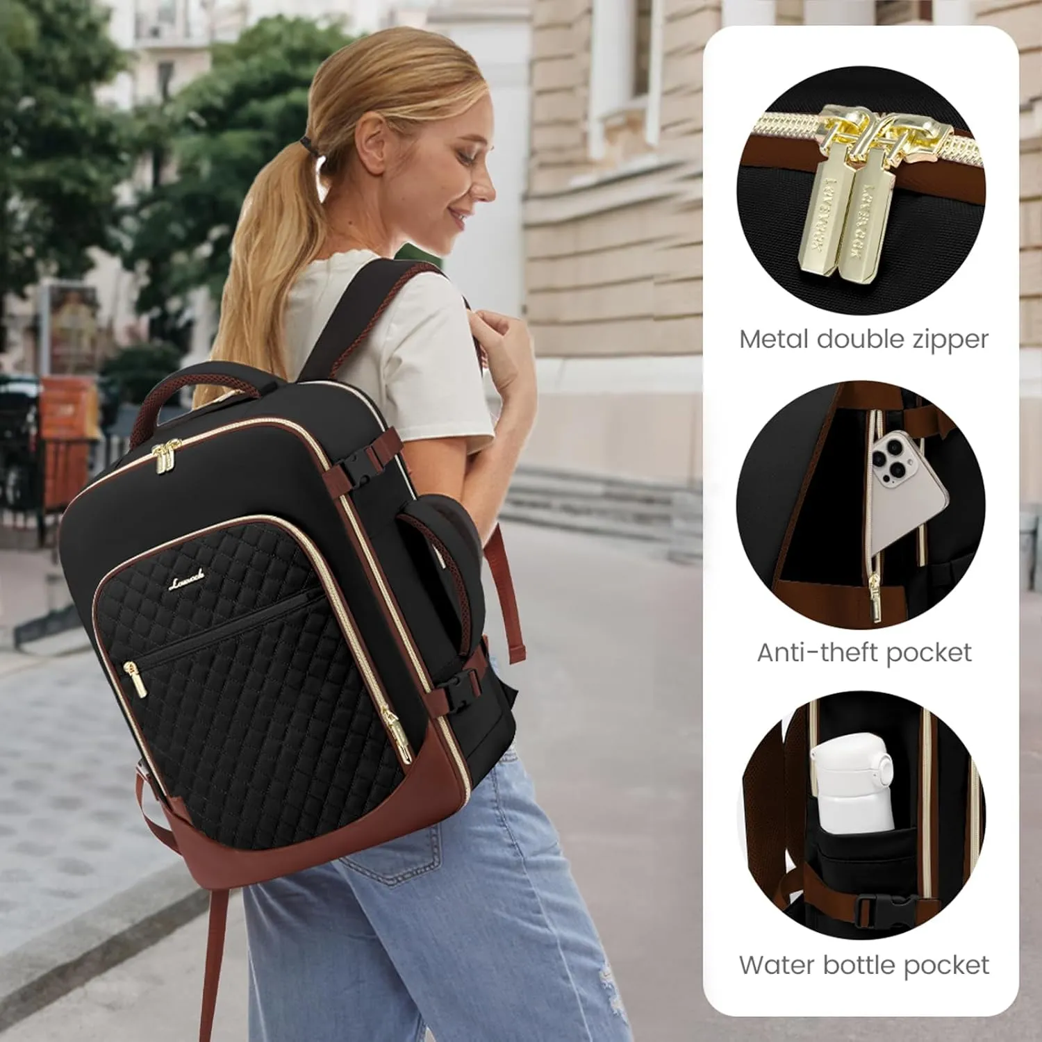 LOVEVOOK Travel Backpack for Women, 15.6in Laptop Backpack TSA Approved Carry on Luggage Personal Item Travel Bag for Business Weekender Hiking, Black-Brown