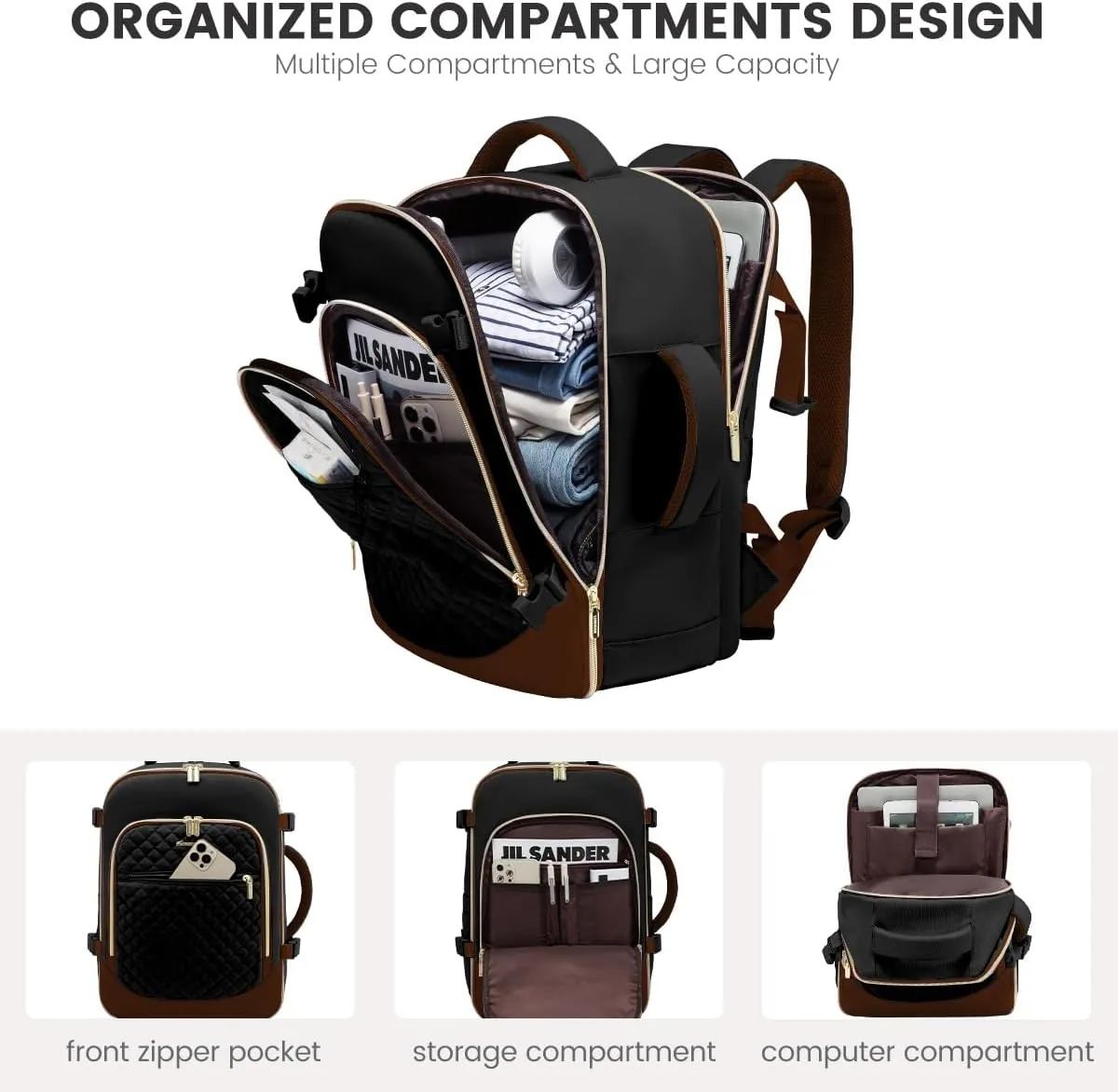 LOVEVOOK Travel Backpack for Women, 15.6in Laptop Backpack TSA Approved Carry on Luggage Personal Item Travel Bag for Business Weekender Hiking, Black-Brown