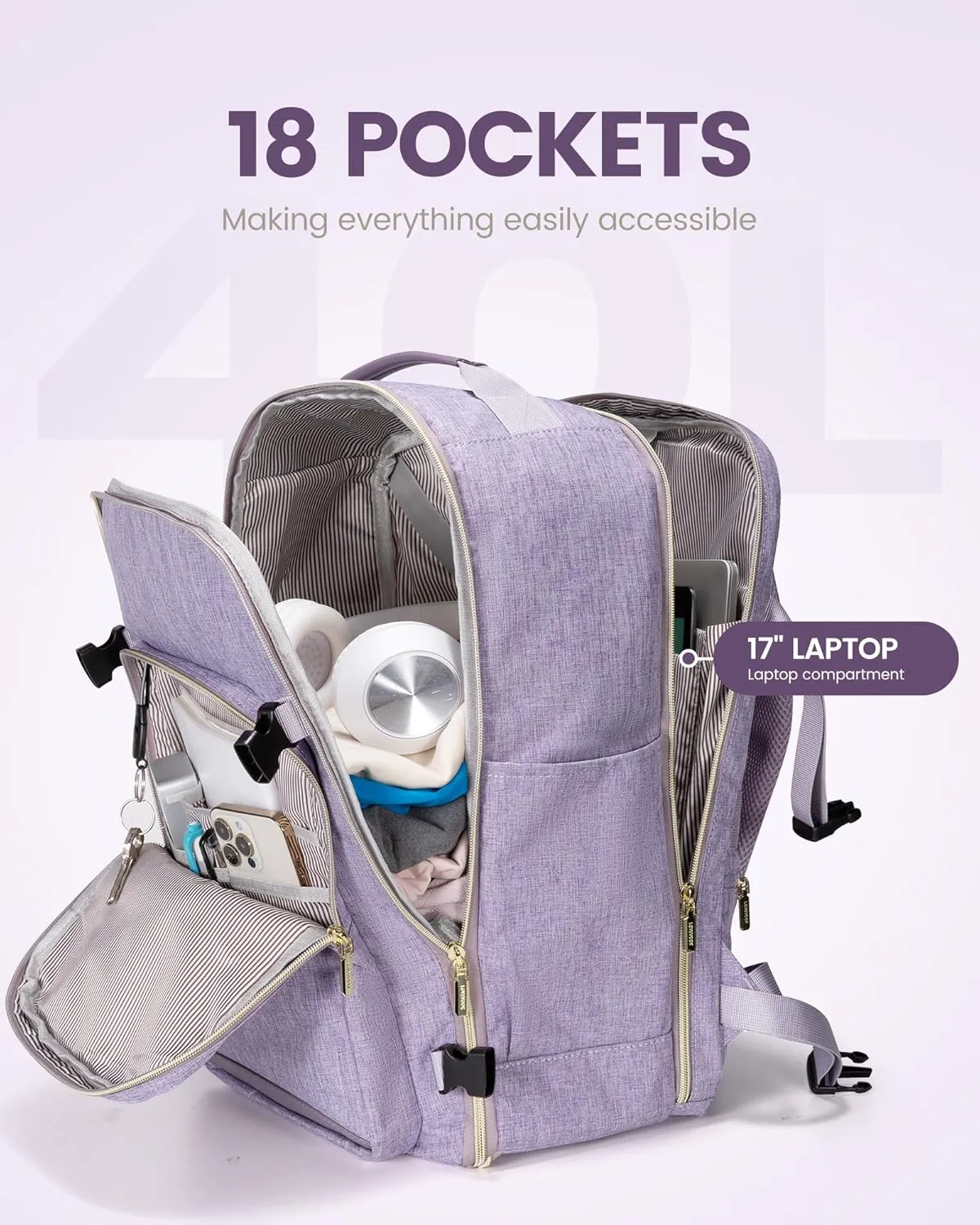 LOVEVOOK Travel Backpack for Women Men as Personal Item Flight Approved, 40L Luggage Carry On Backpack,17.3inch Large Daypack Laptop Backpack Waterproof Outdoor Sports with 3 Packing Cubes,Taro Purple
