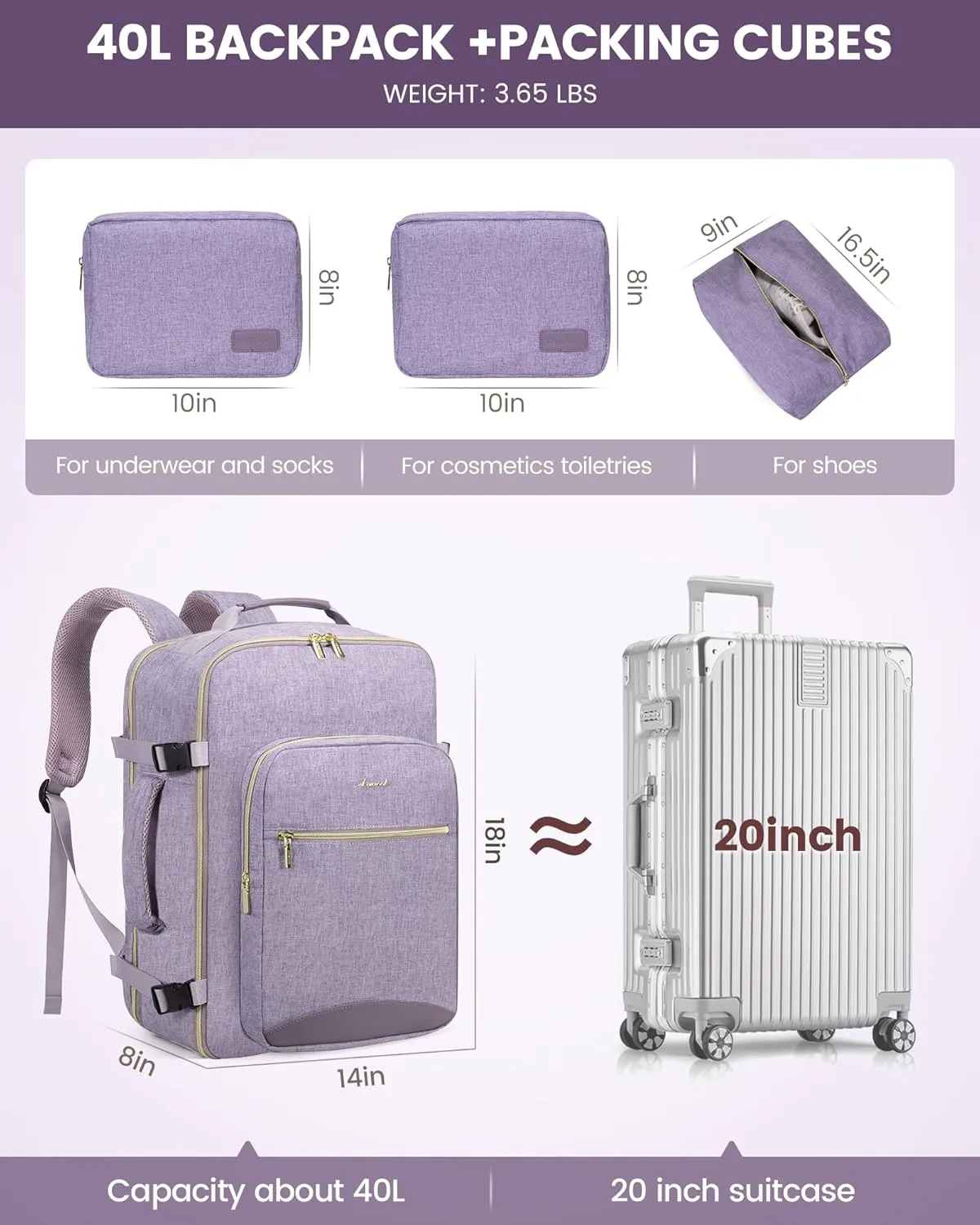 LOVEVOOK Travel Backpack for Women Men as Personal Item Flight Approved, 40L Luggage Carry On Backpack,17.3inch Large Daypack Laptop Backpack Waterproof Outdoor Sports with 3 Packing Cubes,Taro Purple