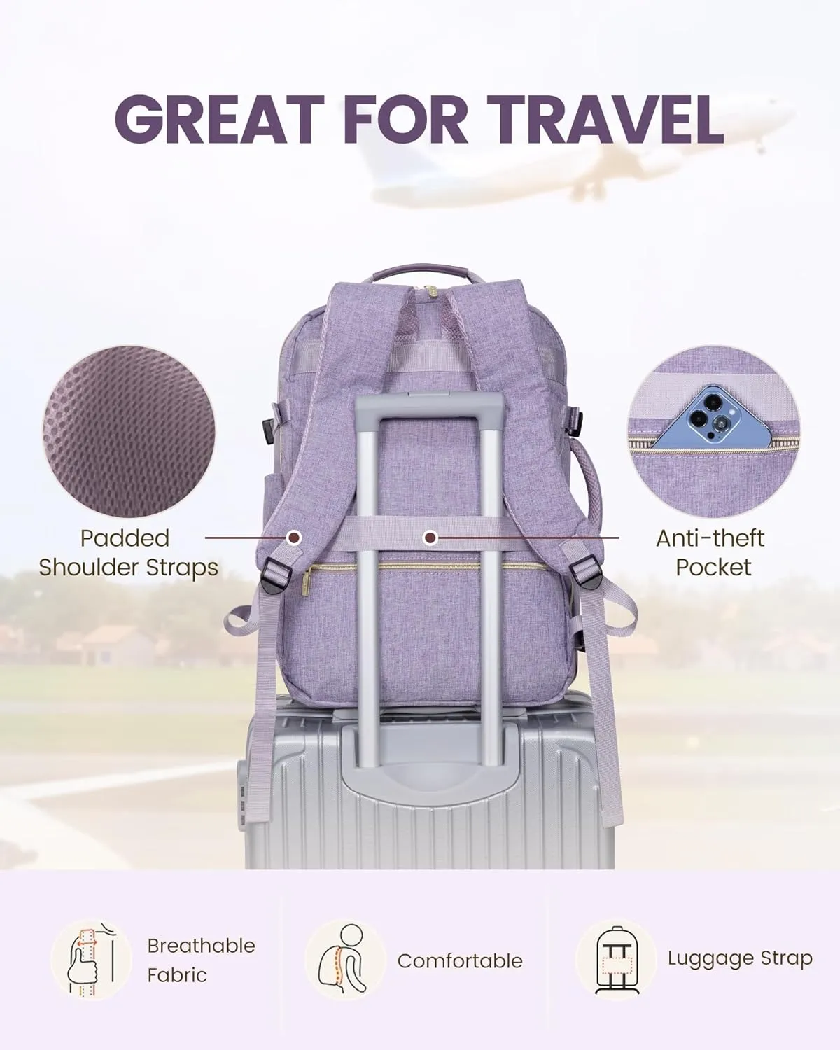 LOVEVOOK Travel Backpack for Women Men as Personal Item Flight Approved, 40L Luggage Carry On Backpack,17.3inch Large Daypack Laptop Backpack Waterproof Outdoor Sports with 3 Packing Cubes,Taro Purple