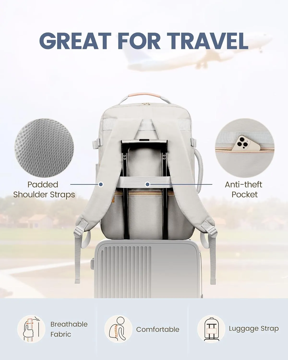 LOVEVOOK Travel Backpack for Women Men as Personal Item Flight Approved, 40L Luggage Carry On Backpack,17.3inch Large Laptop Backpack Waterproof Outdoor Sports with 3 Packing Cubes,Light gray-Pink
