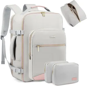 LOVEVOOK Travel Backpack for Women Men as Personal Item Flight Approved, 40L Luggage Carry On Backpack,17.3inch Large Laptop Backpack Waterproof Outdoor Sports with 3 Packing Cubes,Light gray-Pink