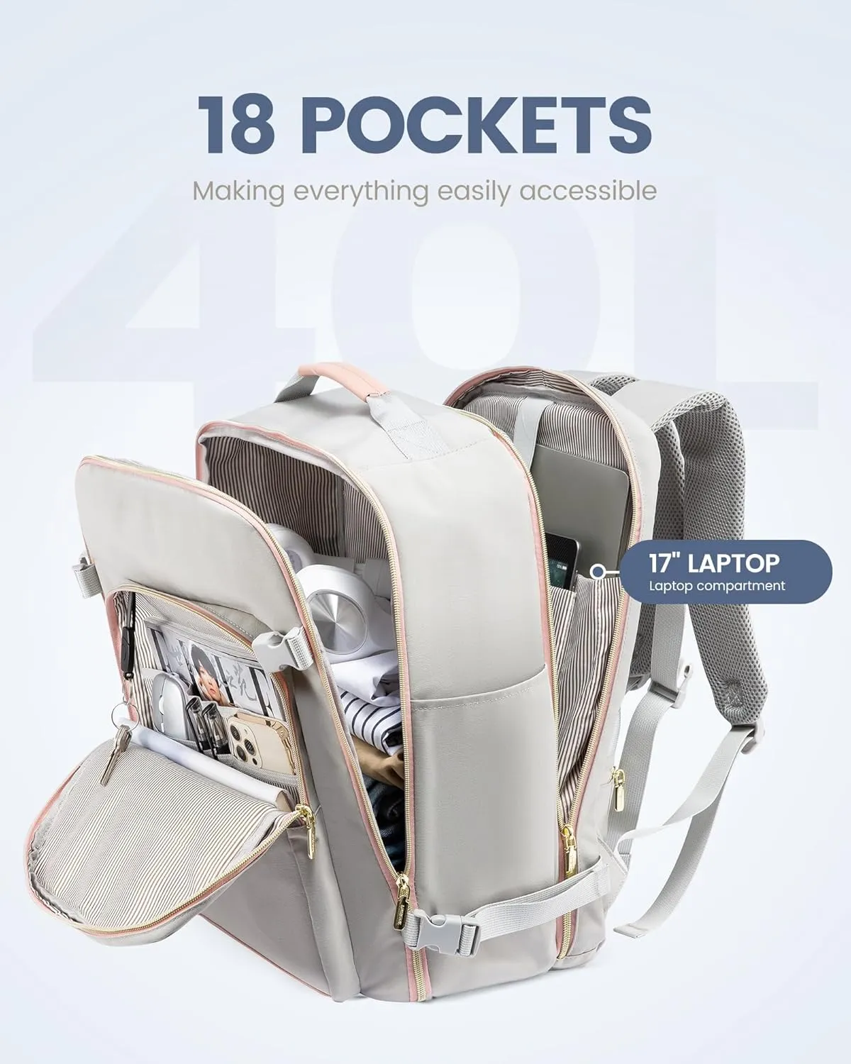 LOVEVOOK Travel Backpack for Women Men as Personal Item Flight Approved, 40L Luggage Carry On Backpack,17.3inch Large Laptop Backpack Waterproof Outdoor Sports with 3 Packing Cubes,Light gray-Pink