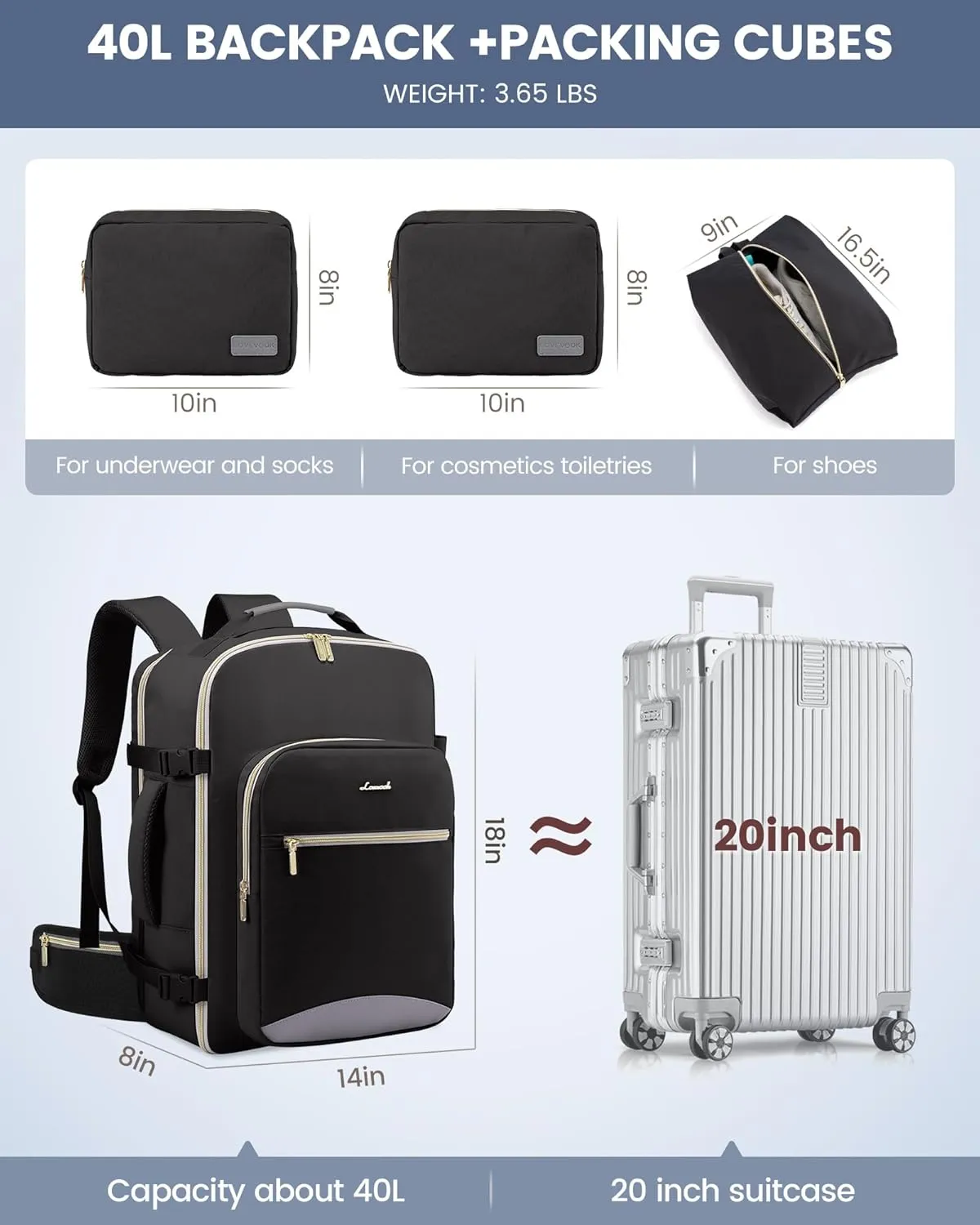 LOVEVOOK Travel Backpack for Women with Waist Strap,40L Large Carry on Luggage Travels Bag Flight Approved,Cute Carry on Backpack Travel Essentials Personal Item Backpack for Traveling on Airplane