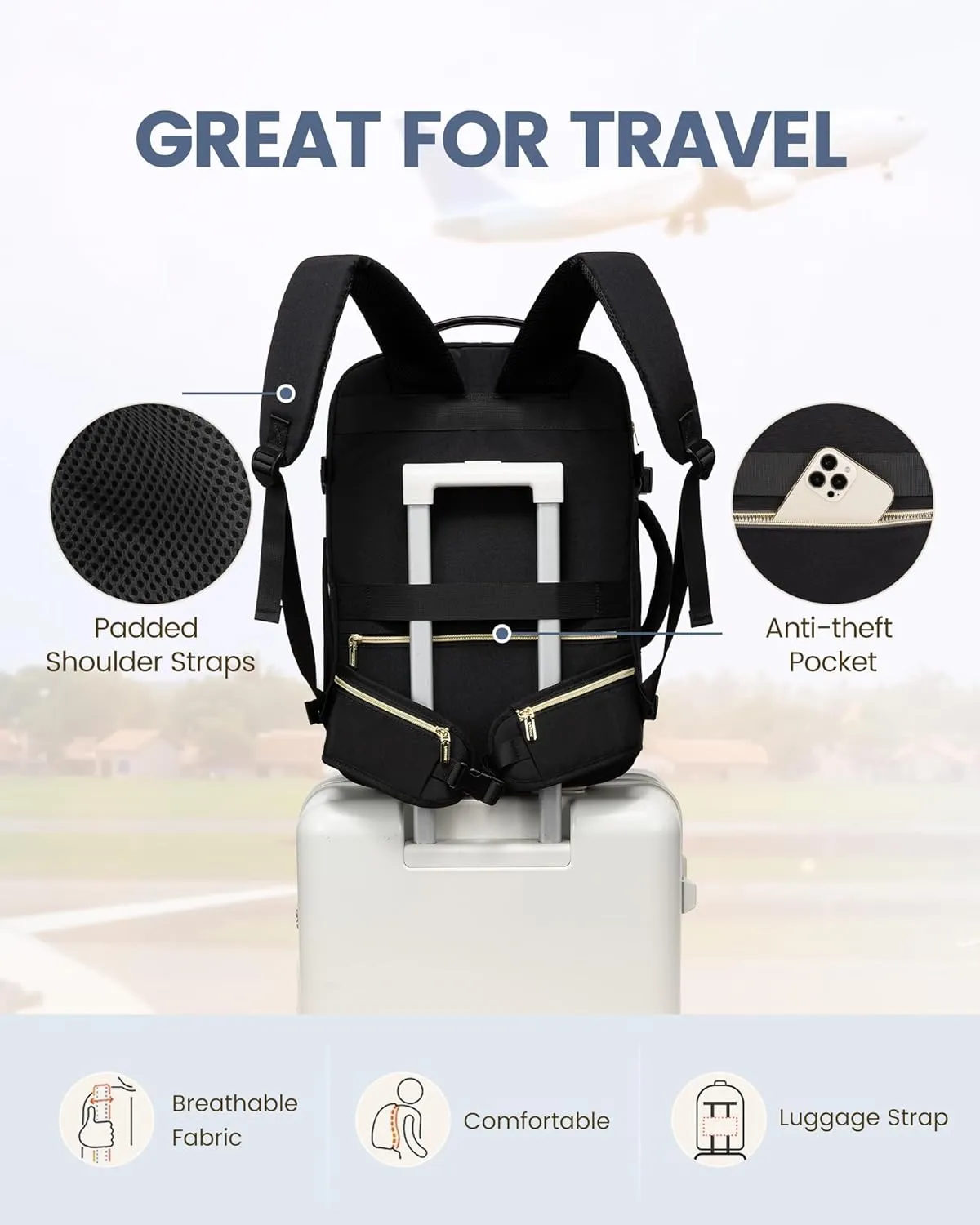 LOVEVOOK Travel Backpack for Women with Waist Strap,40L Large Carry on Luggage Travels Bag Flight Approved,Cute Carry on Backpack Travel Essentials Personal Item Backpack for Traveling on Airplane