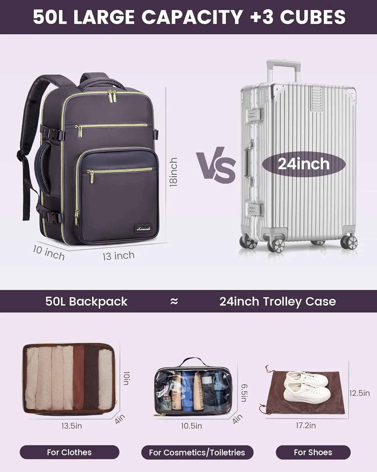 LOVEVOOK Travel Backpack For Women,50L Carry On Backpack Flight Approved,TSA Personal Item Travel Bag Fits 18 Inch Laptop,Business Weekender Overnight Daypack with Toiletry Bag and Cube