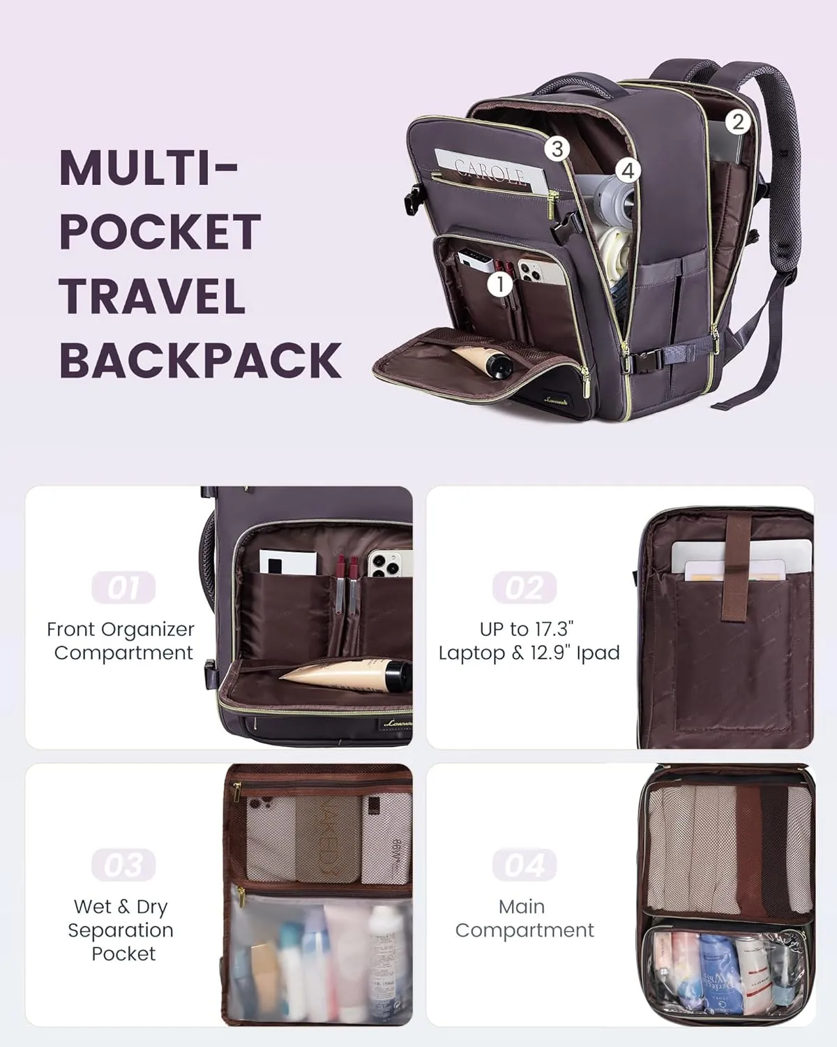 LOVEVOOK Travel Backpack For Women,50L Carry On Backpack Flight Approved,TSA Personal Item Travel Bag Fits 18 Inch Laptop,Business Weekender Overnight Daypack with Toiletry Bag and Cube