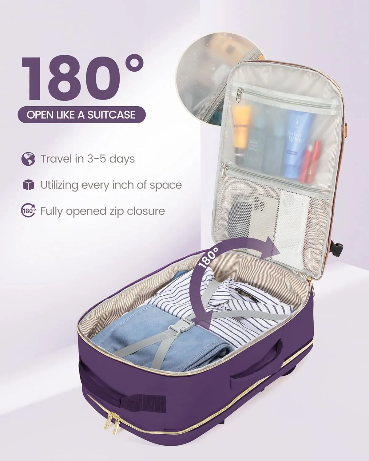LOVEVOOK Travel Backpack Women, Flight Approved Carry On with 17.3inch Laptop Compartment, Personal Item with 3 Packing Cubes, Perfect for, Hiking, Overnight - Dark purple