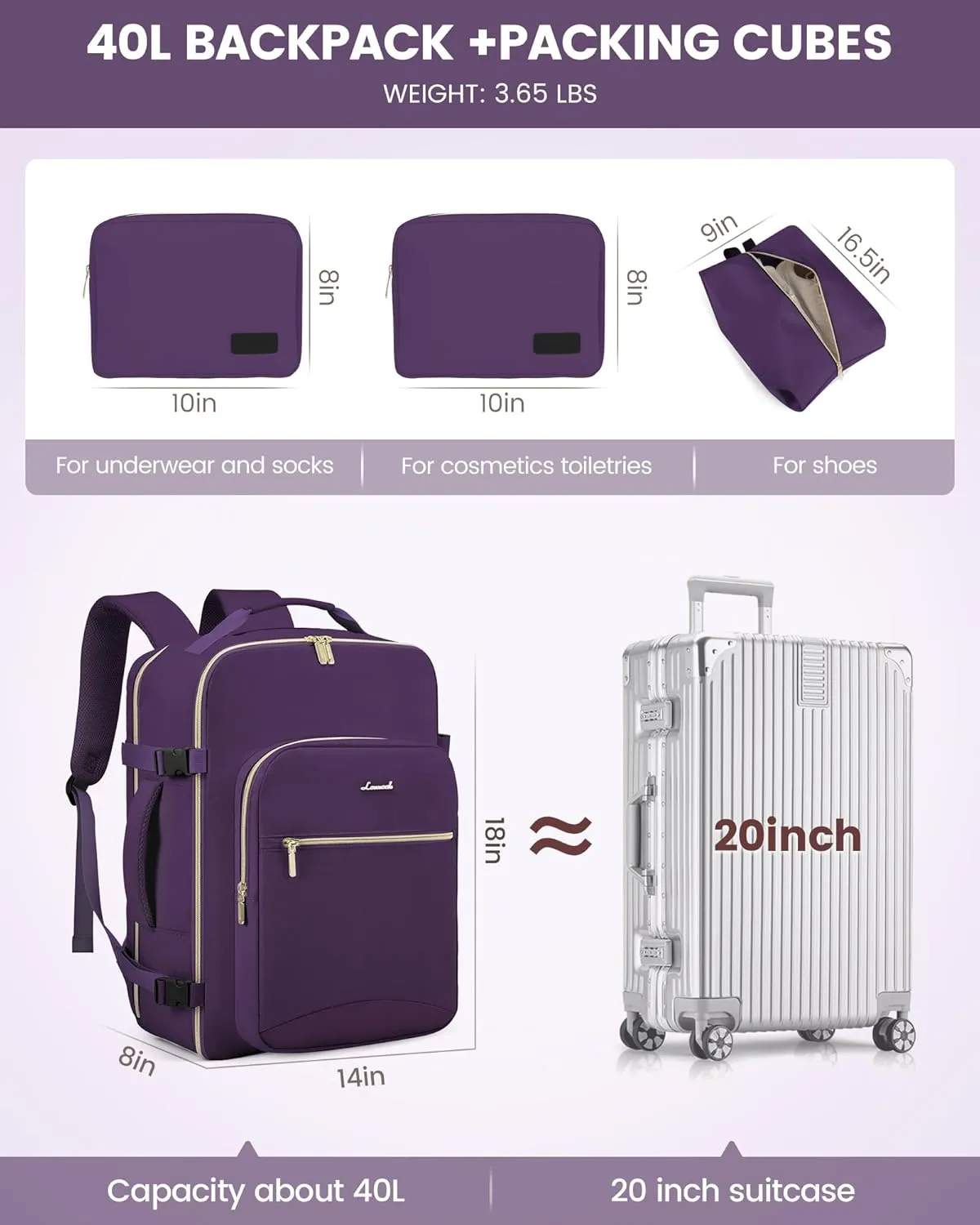 LOVEVOOK Travel Backpack Women, Flight Approved Carry On with 17.3inch Laptop Compartment, Personal Item with 3 Packing Cubes, Perfect for, Hiking, Overnight - Dark purple