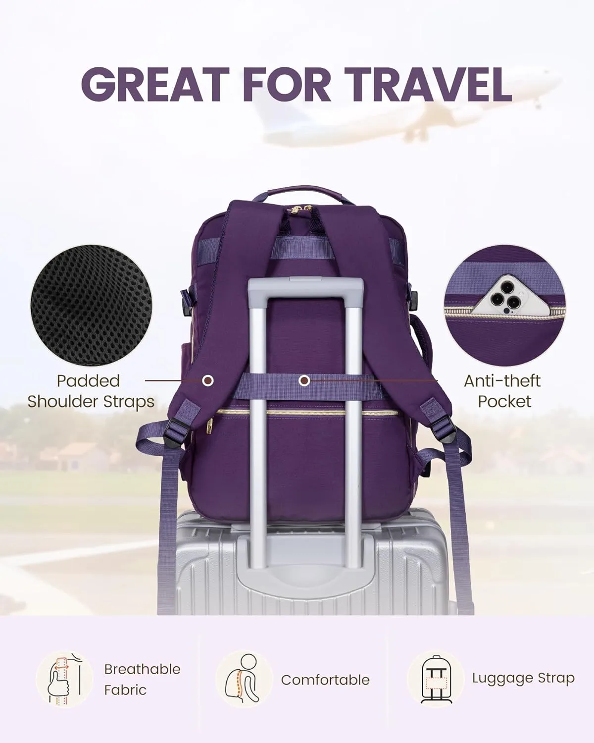 LOVEVOOK Travel Backpack Women, Flight Approved Carry On with 17.3inch Laptop Compartment, Personal Item with 3 Packing Cubes, Perfect for, Hiking, Overnight - Dark purple