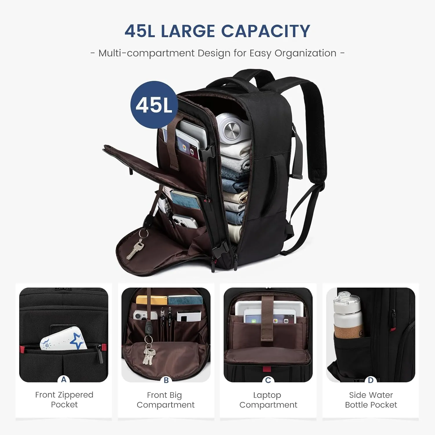 LOVEVOOK Travel Laptop Backpack for Men, 45L Large Carry On Backpack Personal Item Size, Airline Approved Waterproof Bookbag with 2 Packing Cubes Fits 17.3" Laptop, Black