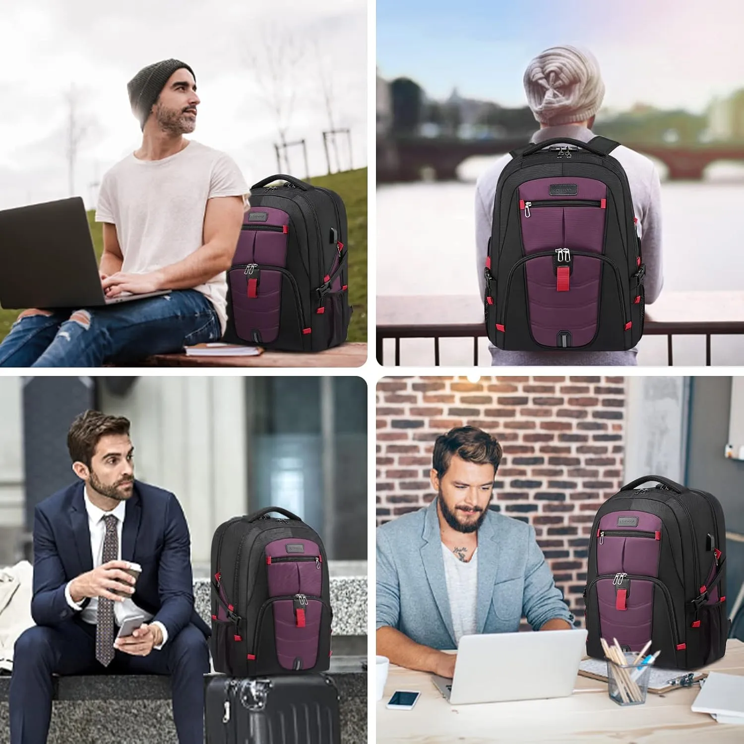 LOVEVOOK Travel Laptop Backpack Waterproof Anti Theft Backpack with Lock and USB Charging Port Large Computer Business Backpack for Men Women College Backpack(17 inch,Black&Purple)