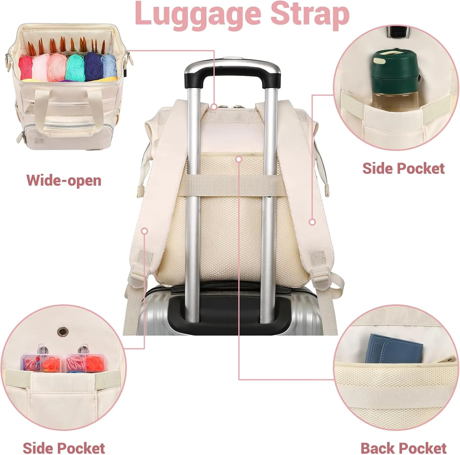 LTINVECK Knitting Bag Backpack, Crochet Bag with USB Charging Port, Large Yarn Tote Bag for Knitting Needles & Hooks, Apricot
