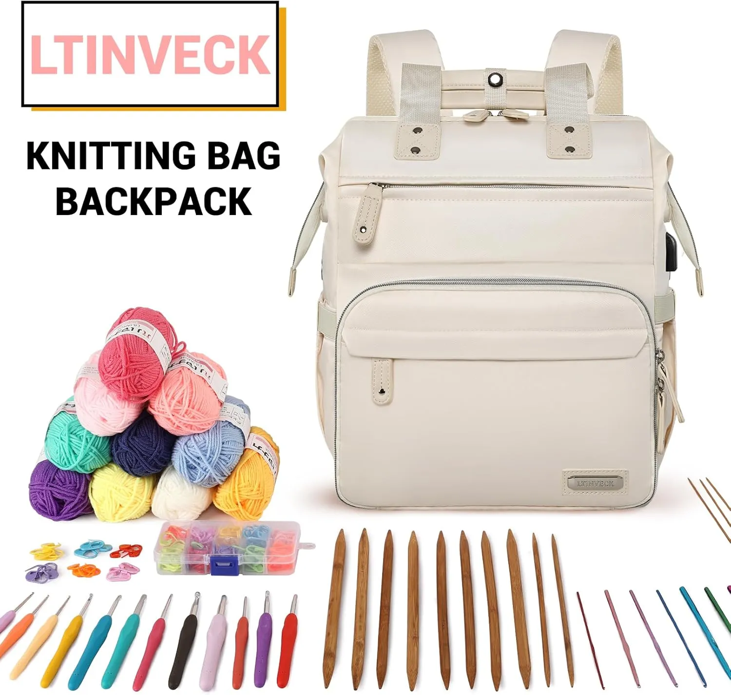 LTINVECK Knitting Bag Backpack, Crochet Bag with USB Charging Port, Large Yarn Tote Bag for Knitting Needles & Hooks, Apricot