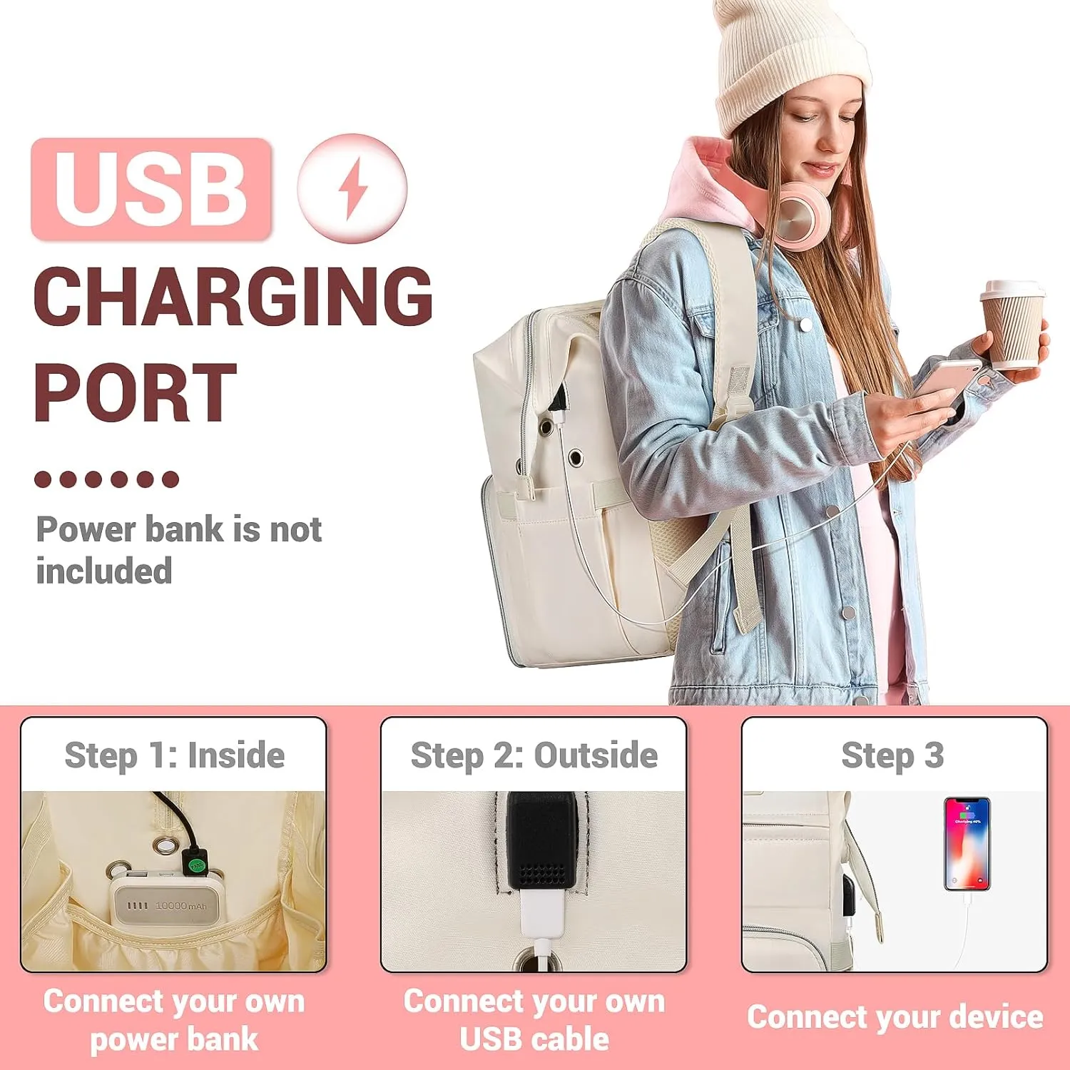 LTINVECK Knitting Bag Backpack, Crochet Bag with USB Charging Port, Large Yarn Tote Bag for Knitting Needles & Hooks, Apricot