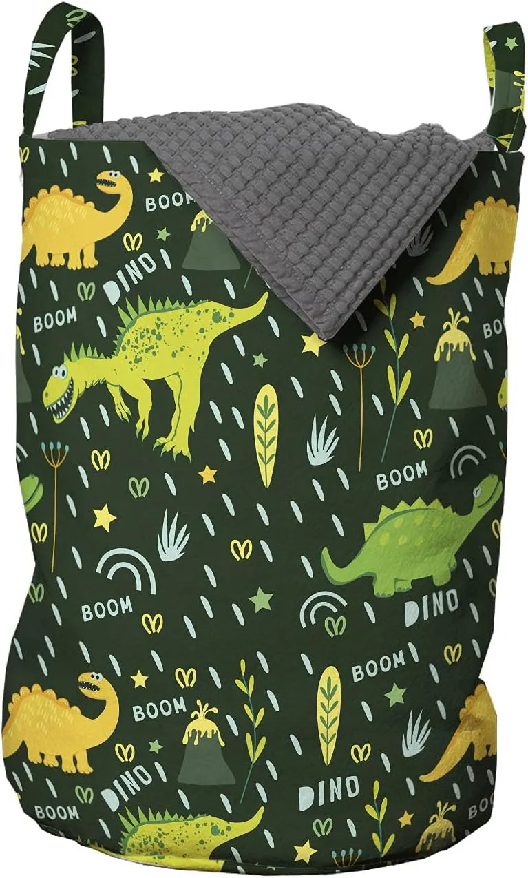Lunarable Dark Green Laundry Bag, Prehistoric Extinct Animals Dinosaurs Volcanic Eruption Boom, Hamper Basket with Handles Drawstring Closure for Laundromats, 13" x 19", Emerald Orange and Baby Blue