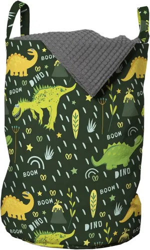 Lunarable Dark Green Laundry Bag, Prehistoric Extinct Animals Dinosaurs Volcanic Eruption Boom, Hamper Basket with Handles Drawstring Closure for Laundromats, 13" x 19", Emerald Orange and Baby Blue