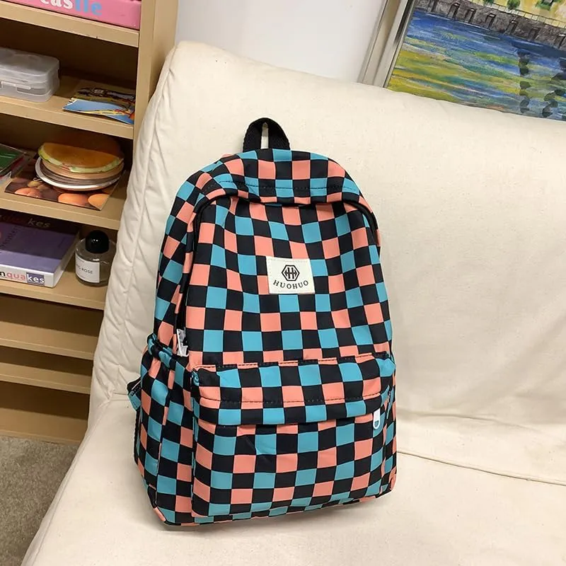 Lushandy 3PCS Checkered Backpack with Lunch Bag, Womens College Backpack Set Cute Aesthetic Daypack Checkered Laptop Backpack