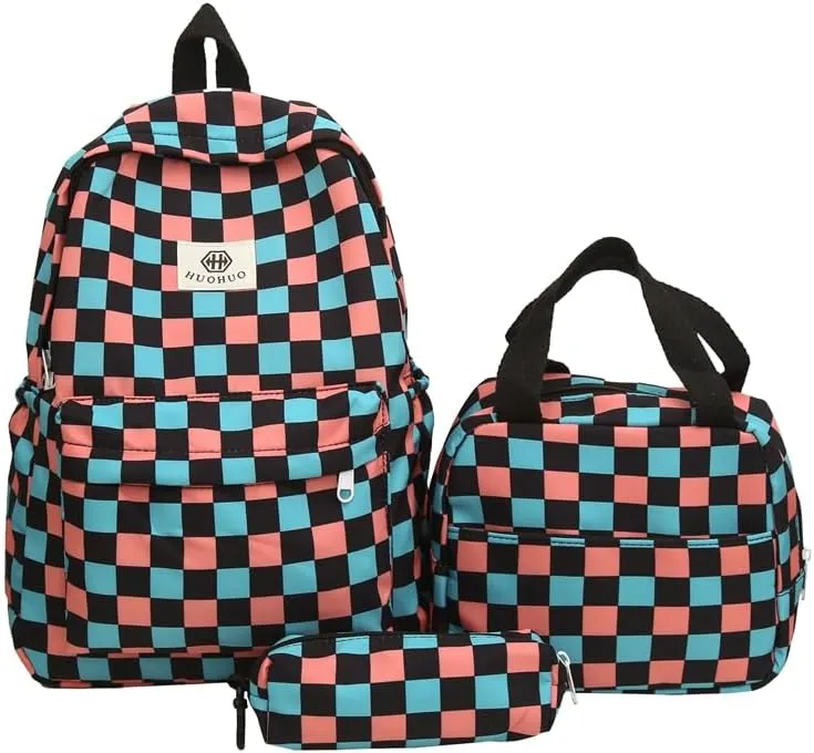 Lushandy 3PCS Checkered Backpack with Lunch Bag, Womens College Backpack Set Cute Aesthetic Daypack Checkered Laptop Backpack