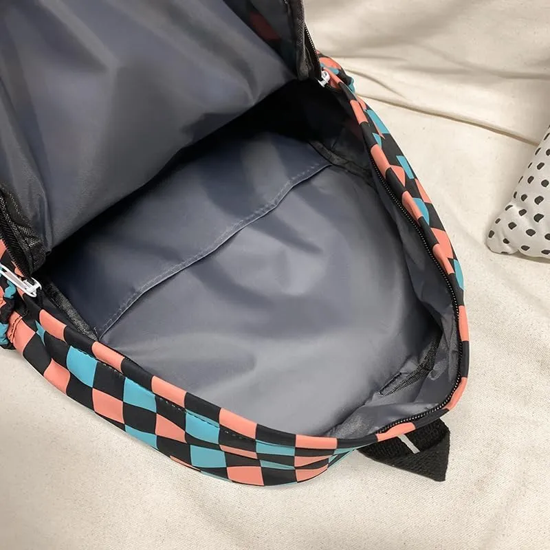 Lushandy 3PCS Checkered Backpack with Lunch Bag, Womens College Backpack Set Cute Aesthetic Daypack Checkered Laptop Backpack