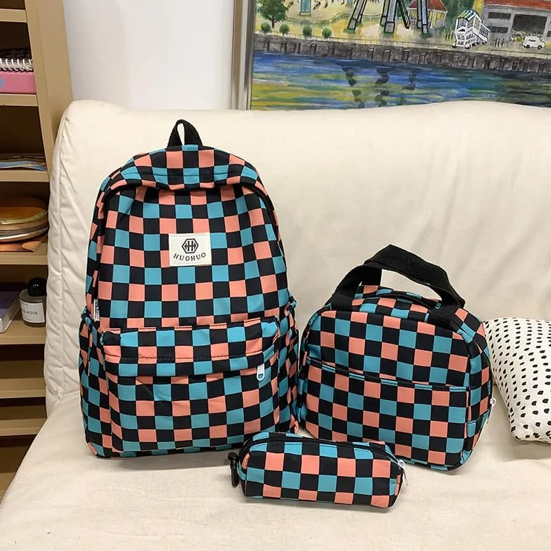 Lushandy 3PCS Checkered Backpack with Lunch Bag, Womens College Backpack Set Cute Aesthetic Daypack Checkered Laptop Backpack
