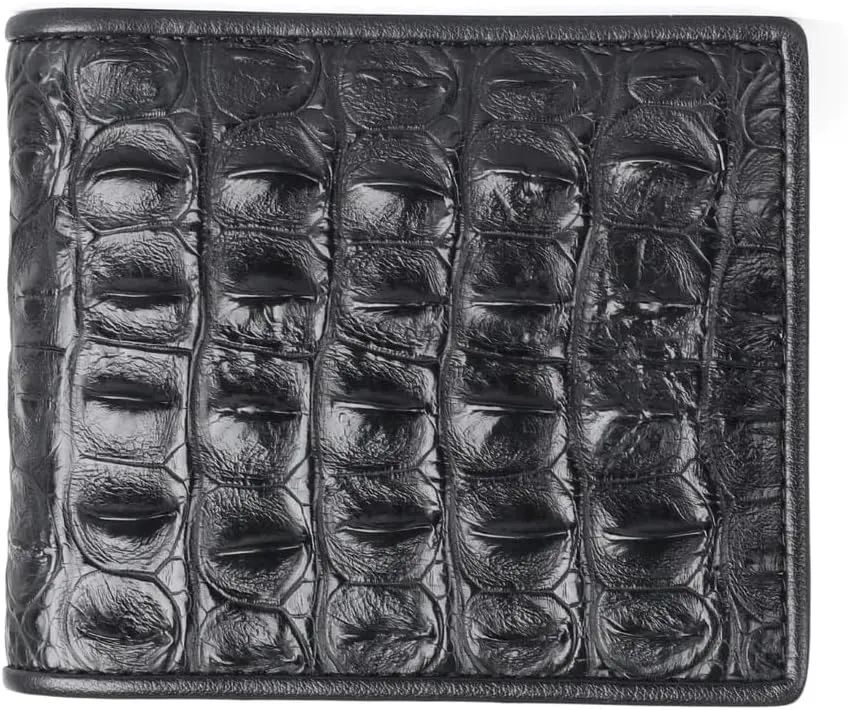 Luxury Genuine Crocodile Leather Alligator Backbone Skin Bifold Wallet Men's Short Wallet Purses Card Holder (Horizontal Crocodile Back Black)