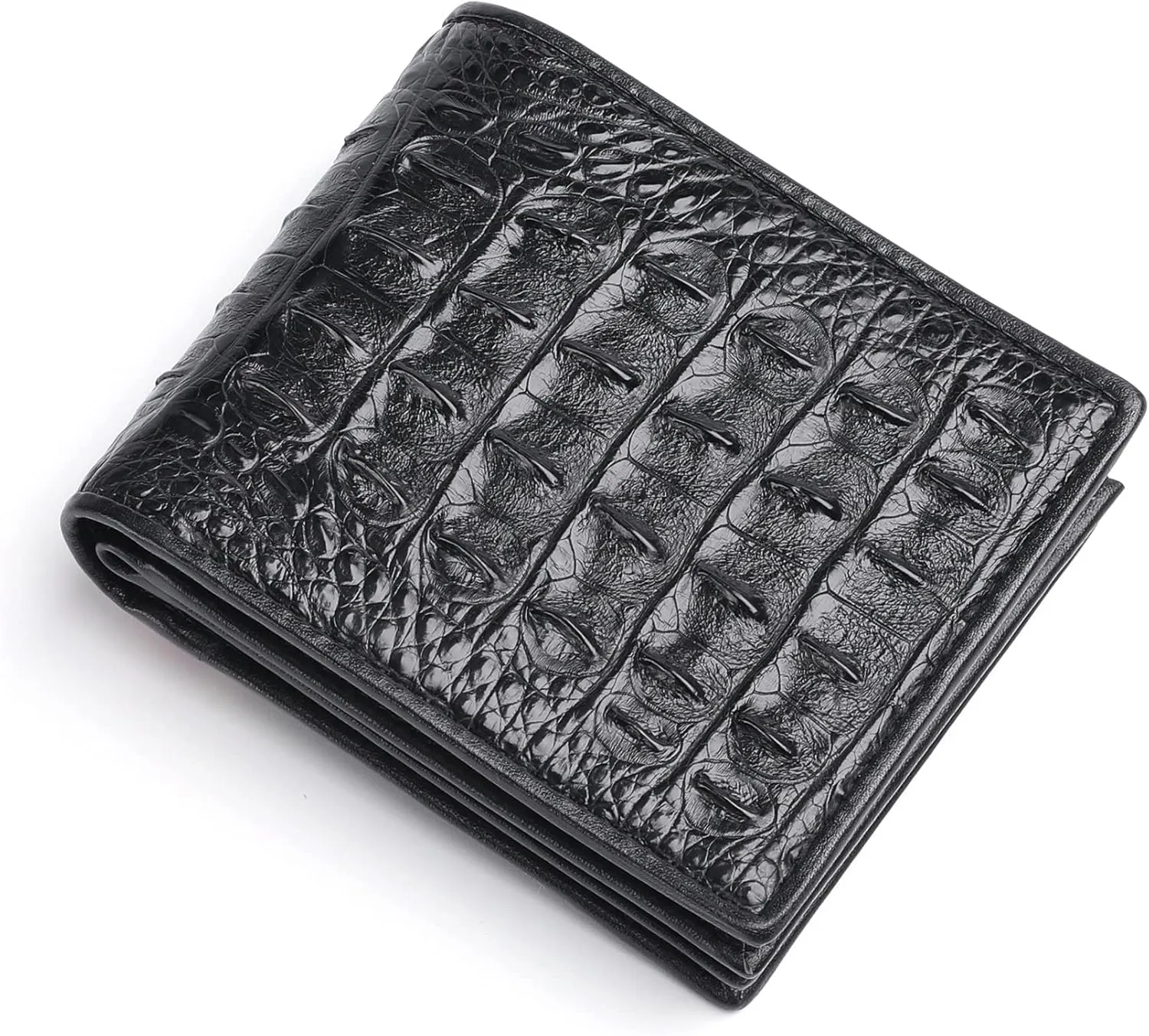 Luxury Genuine Crocodile Leather Alligator Backbone Skin Bifold Wallet Men's Short Wallet Purses Card Holder (Horizontal Crocodile Back Black)