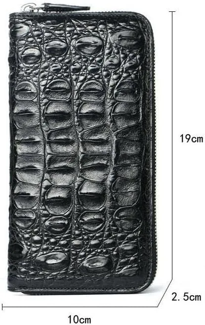 Luxury Genuine Crocodile Leather Skin Mens Wallet Zipper Long Wallet Men Purse Clutch Bag (Crocodile Back Black)
