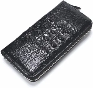 Luxury Genuine Crocodile Leather Skin Mens Wallet Zipper Long Wallet Men Purse Clutch Bag (Crocodile Back Black)
