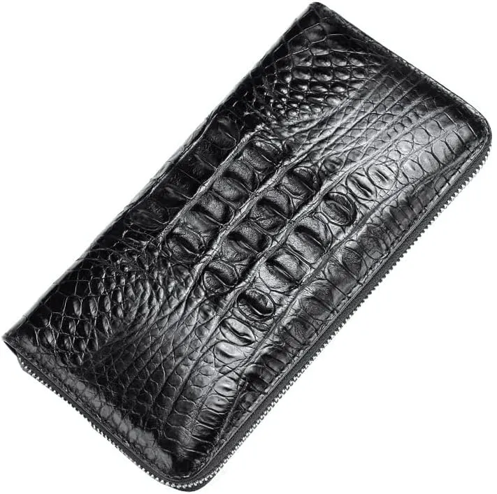 Luxury Genuine Crocodile Leather Skin Mens Wallet Zipper Long Wallet Men Purse Clutch Bag (Crocodile Back Black)