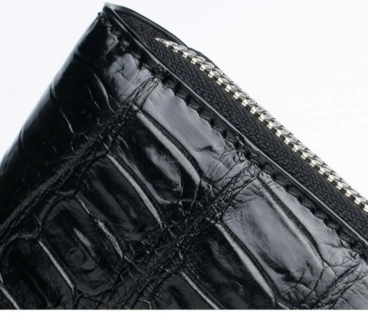 Luxury Genuine Crocodile Leather Skin Mens Wallet Zipper Long Wallet Men Purse Clutch Bag (Crocodile Back Black)