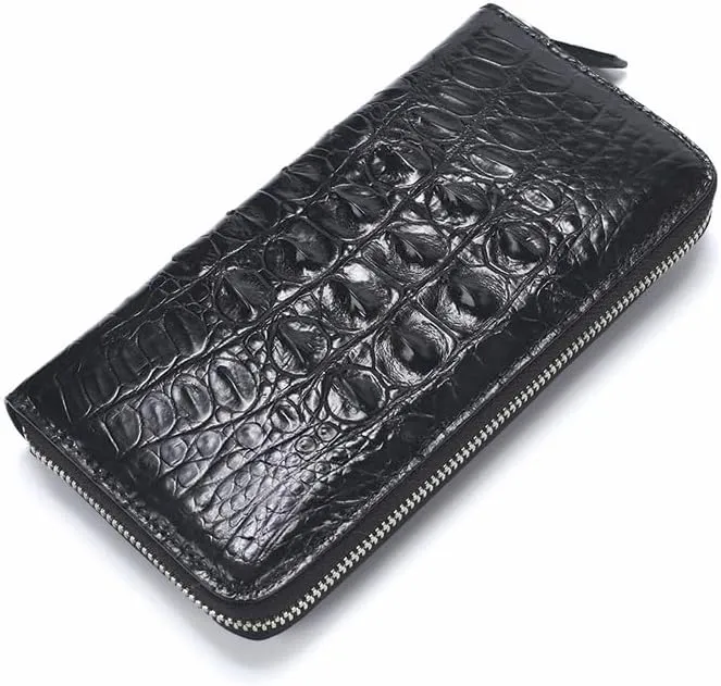 Luxury Genuine Crocodile Leather Skin Mens Wallet Zipper Long Wallet Men Purse Clutch Bag (Crocodile Back Black)