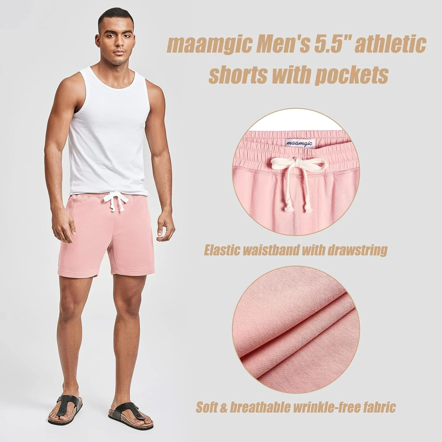 maamgic Mens Athletic Gym Shorts 5.5" Elastic Waist Casual Pajama Pocket Jogger Men Workout Short Pants