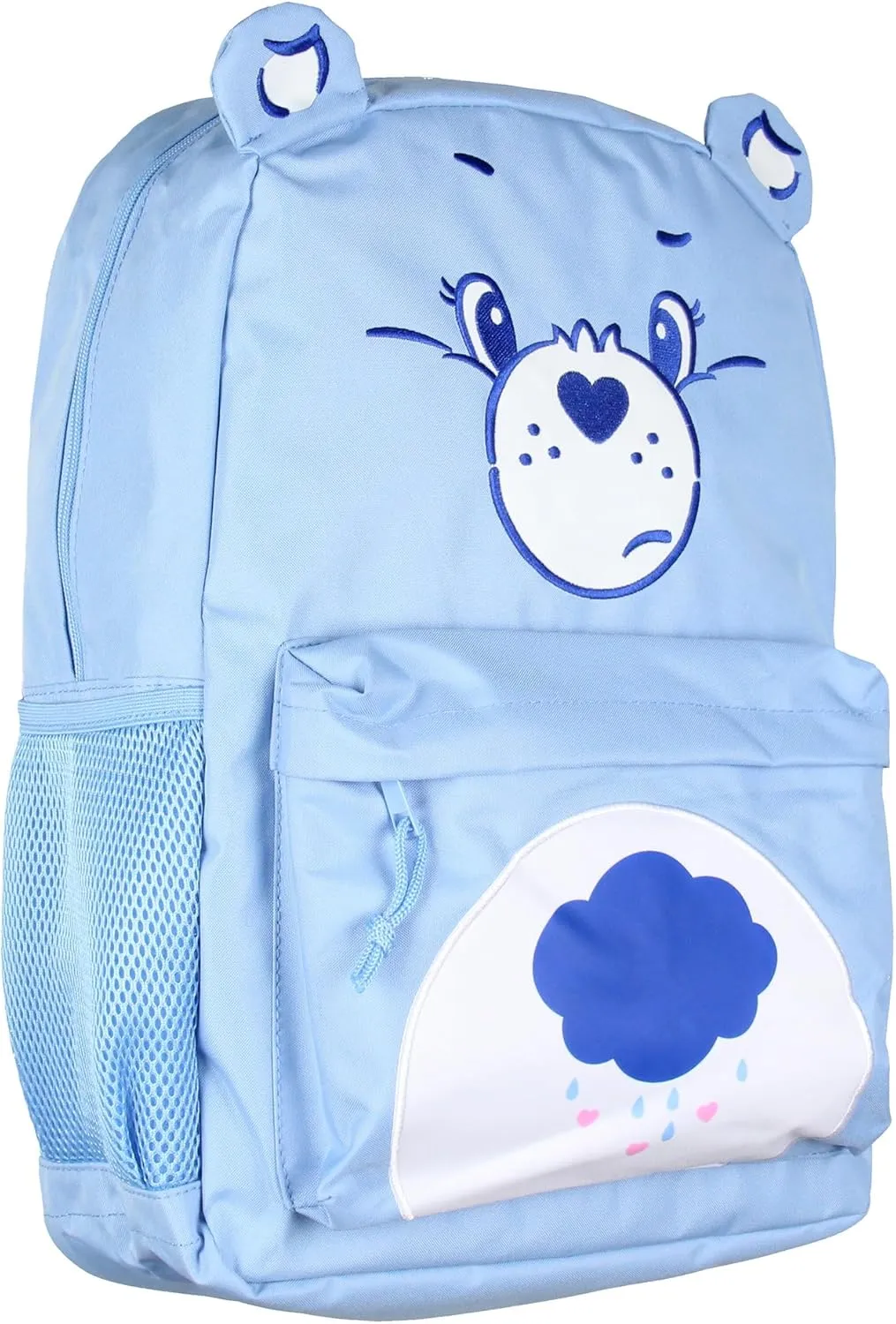 Mad Engine Care Bears Backpack Grumpy Bear Embroidered Face with Rain Cloud Belly Badge and 3D Ears Laptop School Travel Backpack