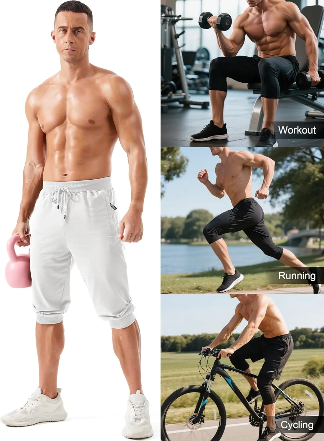 MAGCOMSEN Men's 3/4 Joggers Capri Pants with Zipper Pockets Slim Fit Training Running Workout Capri Joggers