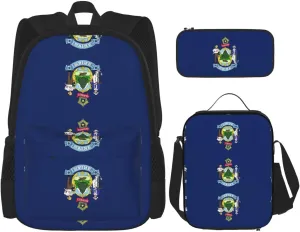 Maine State Flag Print 3 In 1 Set With Lunch Box Pencil Bag Backpack Set Computer Bag Casual For Gym Beach Travel