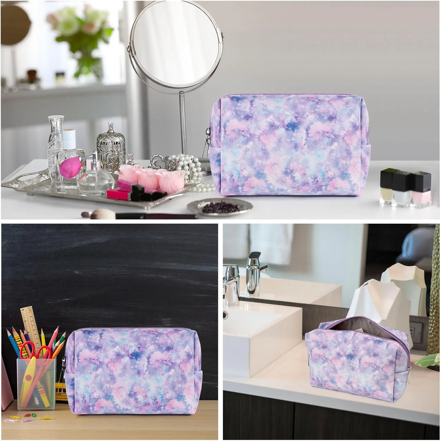 Makeup Bag For Girls, Travel Cosmetic Bag For Teens Girls Kids Cute Small Makeup Bag for Purse Waterproof Zipper Pouch, Tie Dye Purple